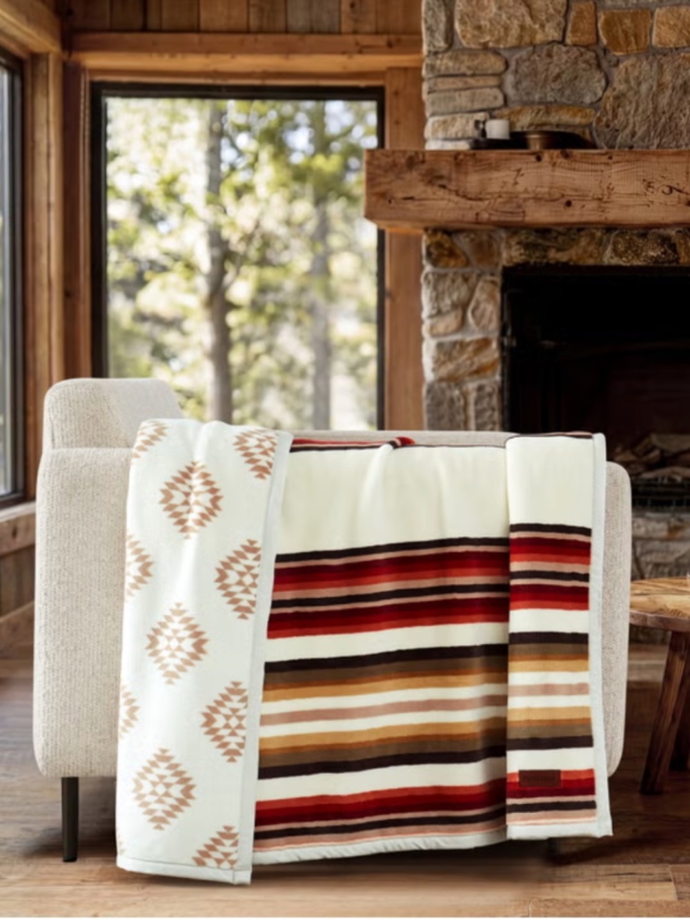 Pendleton Woodland Stripe Multicolor Reversible Plush Fleece Throw Blanket
